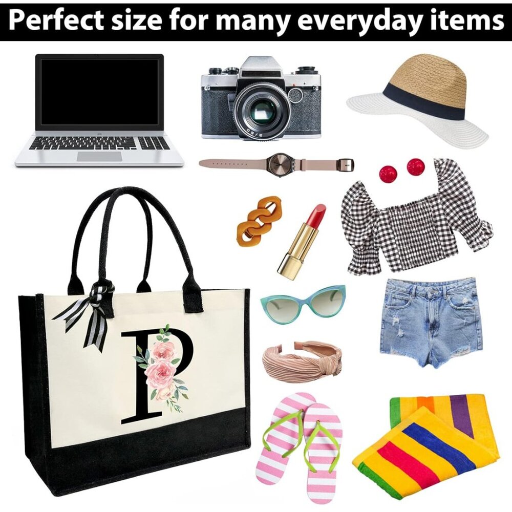Personalized Initial Canvas Beach Bag, Monogrammed Gift Tote Bag - Letter P - Picture 2 of 8